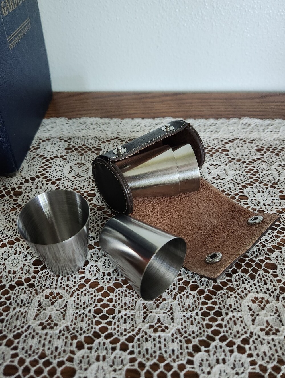 Compact Travel Stainless Steel Shot Glass Set with Brown Faux Leather Case